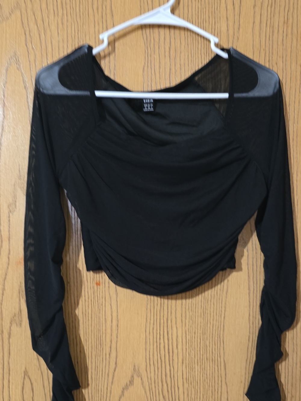 Black Long-Sleeve Mesh Detail Crop Top - Unknown Brand
